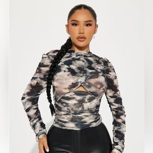 Fashion Nova Luxe Marble Mesh Cutout Ruched Long Sleeve Top NWT Size Large